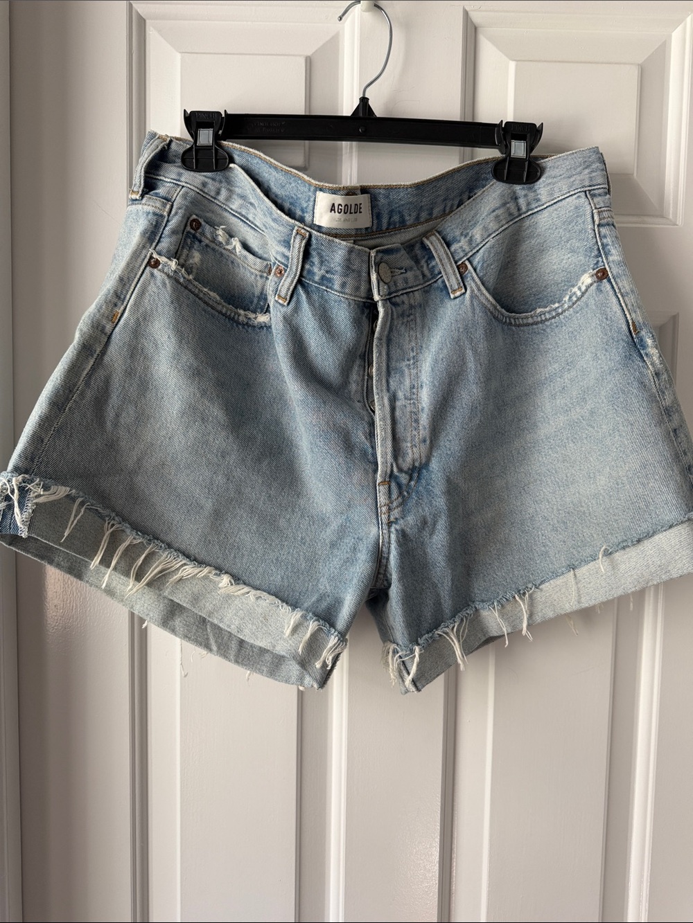 AGOLDE Parker Cuffed Denim Shorts Light Wash Distressed High Rise size 31